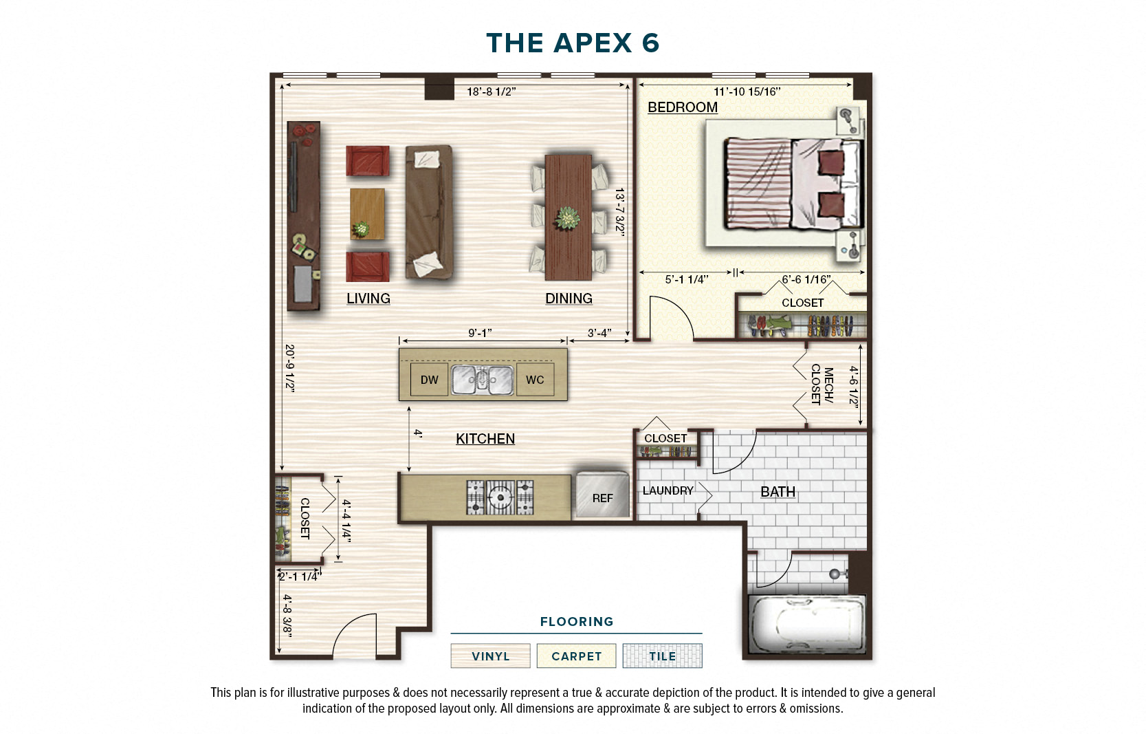 Floor plan for 1 bed, 1 bath, 790 sqft
